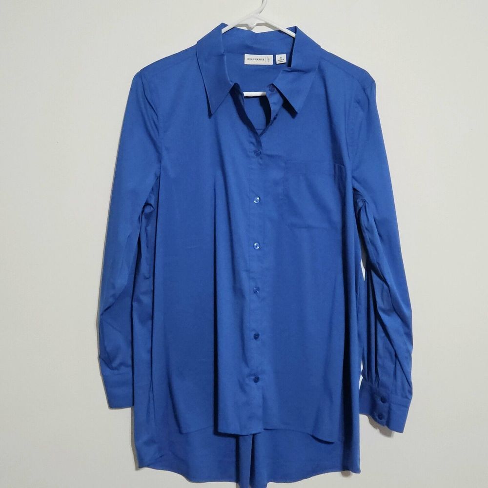 Susan Graver‎ Shirt Size 10 Button Front Hi-Low Hem Pocket Long Sleeve Blue